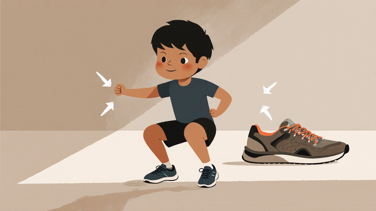 Child performing a squat with proper form and footwear comparison