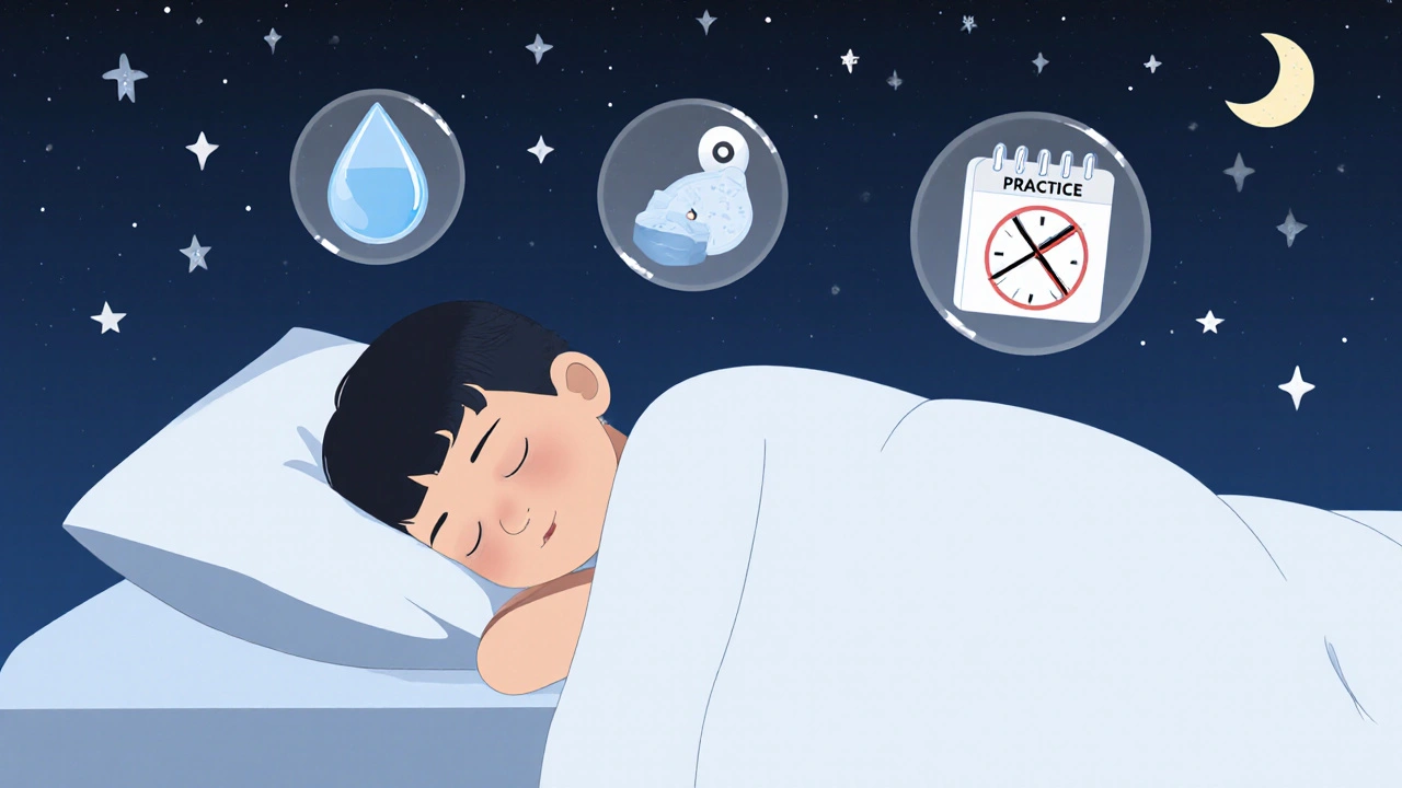 Child sleeping with icons representing rest, hydration, and nutrition