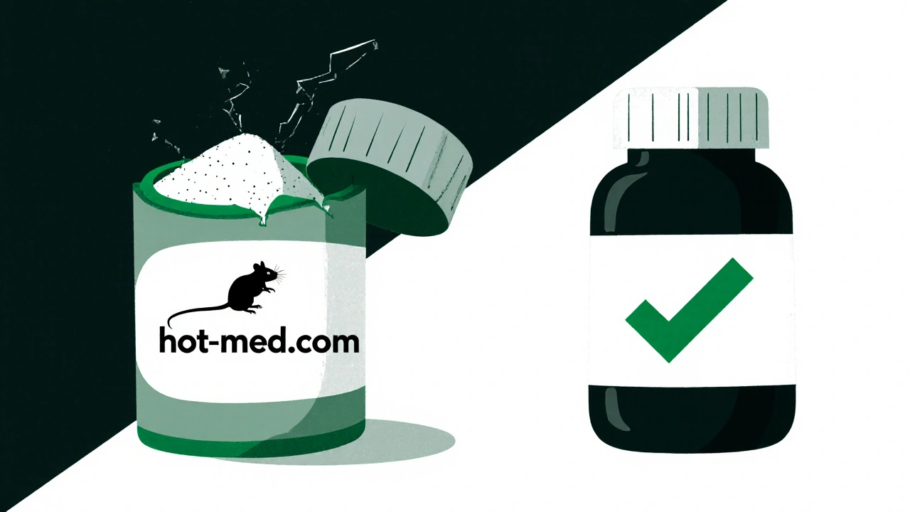 Cracked pill bottle spilling toxic powder with a rat inside