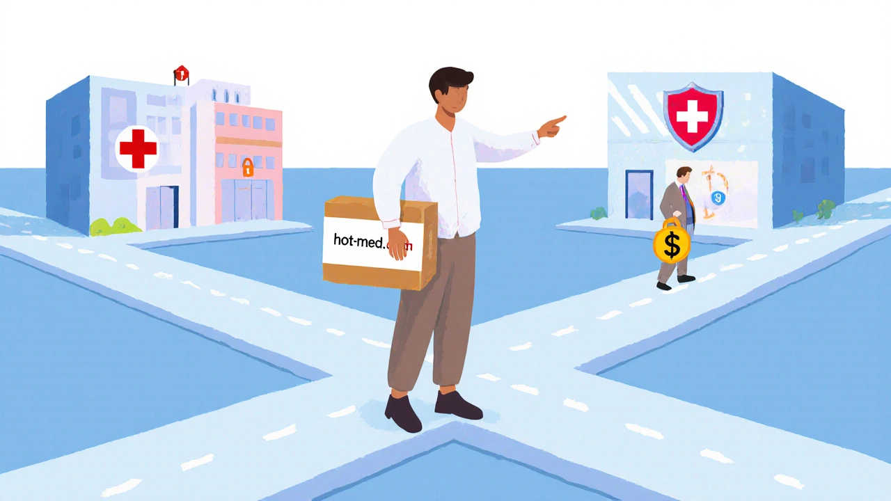 Person at a crossroads choosing between hospital safety and risky online pharmacy