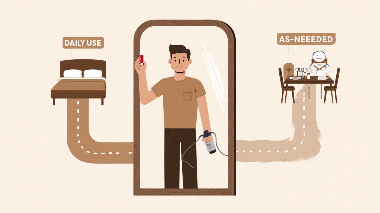 A man choosing between ED treatment options: pill, vacuum pump, and medical pathways in abstract form.