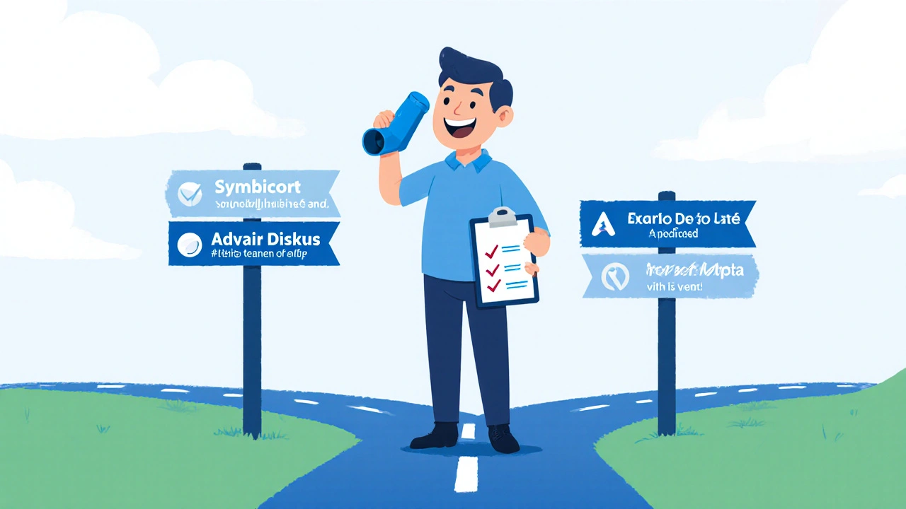 Adult at a crossroads with signposts pointing to three inhaler icons, representing cost, ease, and dosing.