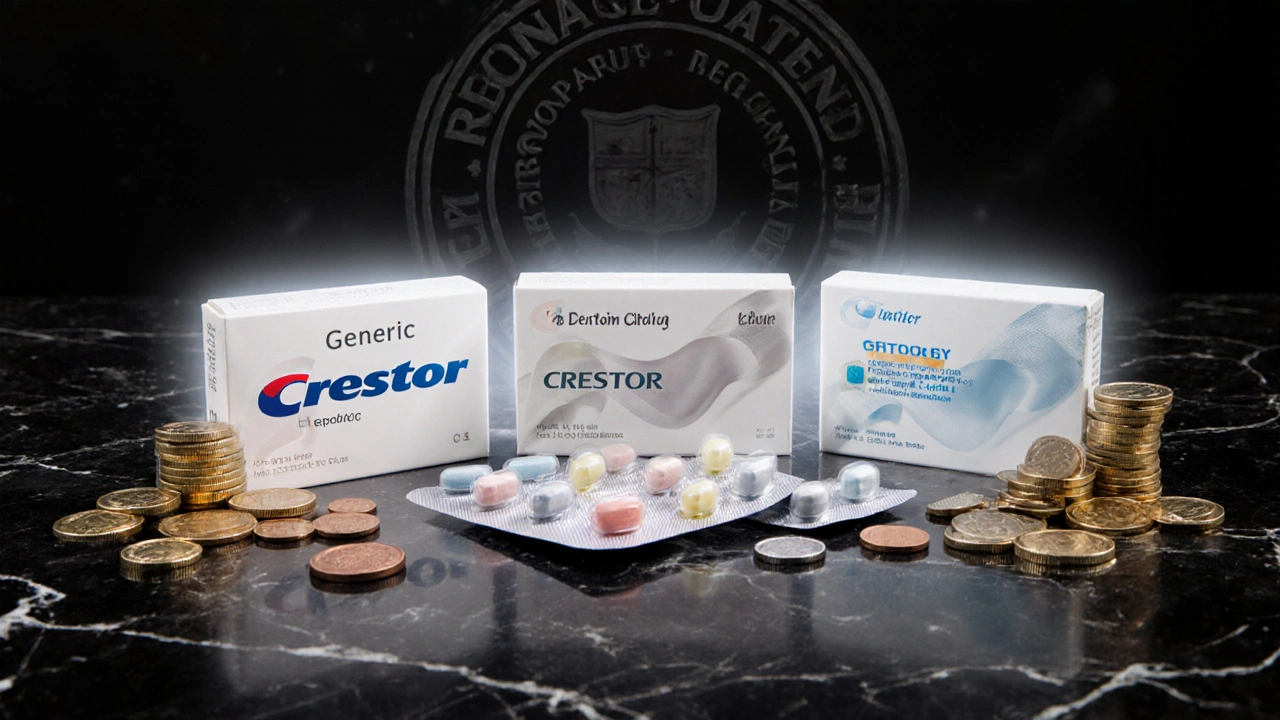 Artistic layout of generic and brand statin packs with coins, showing price comparison and equal efficacy.