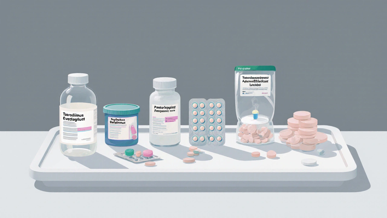 Assorted immunosuppressant pills, capsules, and an IV bag displayed on a tray.