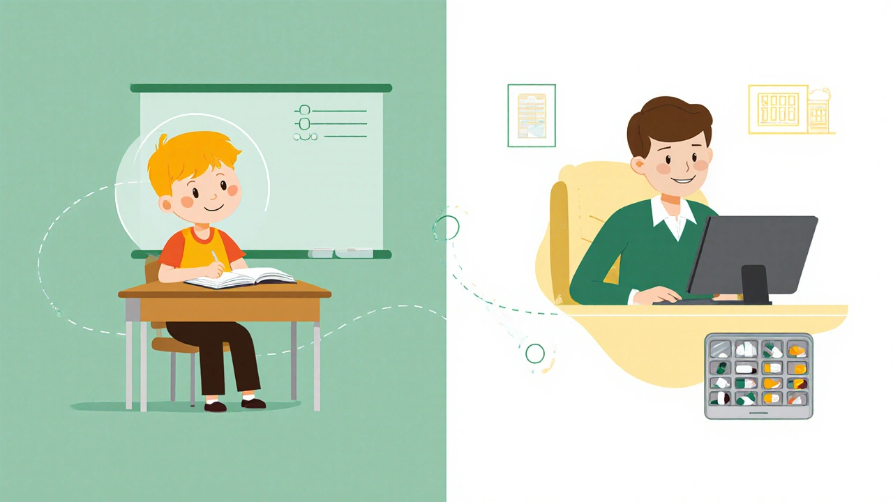 Calm child in class and adult at work, linked by a subtle line showing stability.