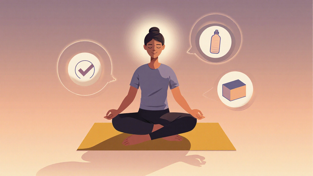 Calm figure meditating with floating checkmark and yoga props in warm lighting.