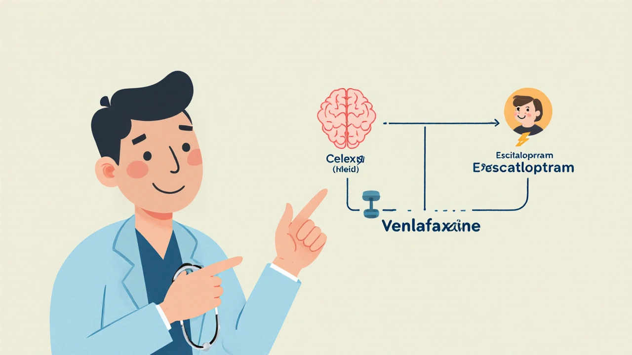 Cartoon doctor pointing to a decision tree matching Celexa, Escitalopram, and Venlafaxine to patient needs.