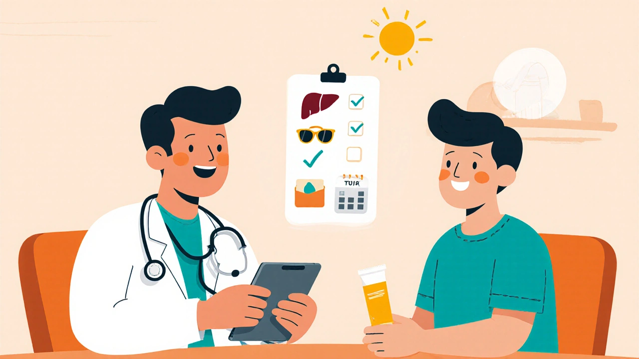Cartoon of doctor and patient discussing treatment with icons for liver, sun, wallet, and calendar.