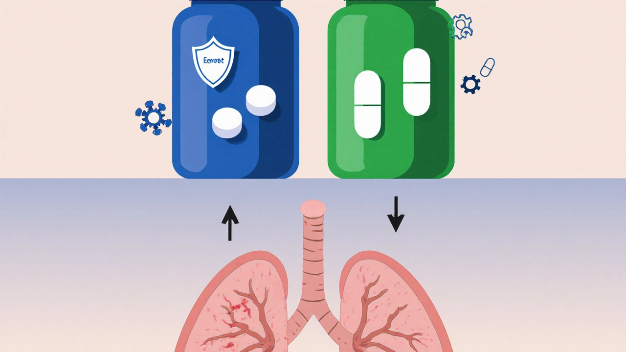 Cartoon of two pill bottles—blue for Esbriet, green for Nintedanib—next to a lung silhouette.