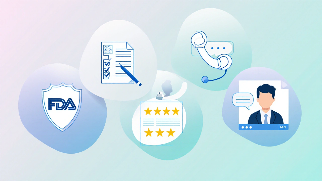 Checklist icons showing safety steps for buying medication online.