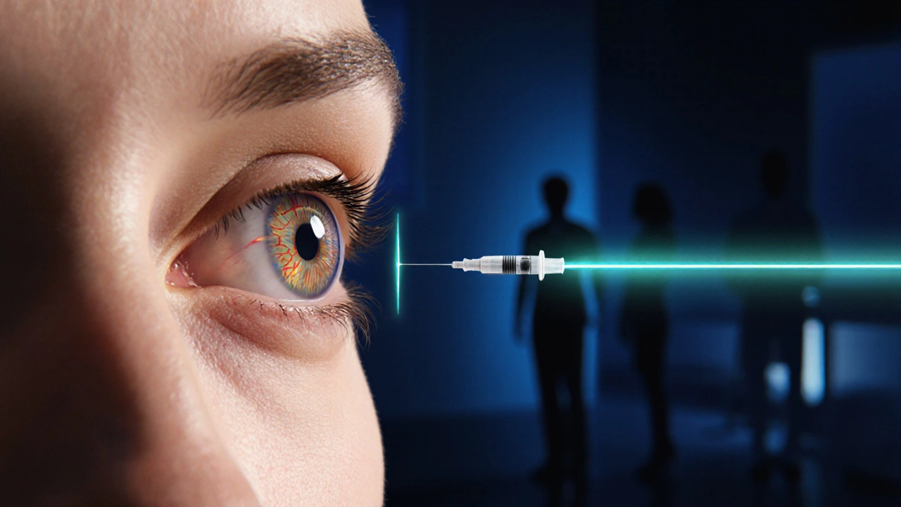 Close‑up of an eye receiving laser and injection treatment in a medical setting.