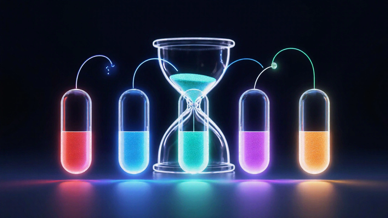 Color‑aura lined pill bottles illustrating onset speed and duration.