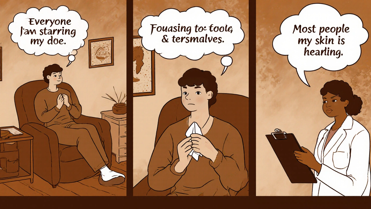 Comic panels show therapy session, negative thought bubble, then balanced thought.
