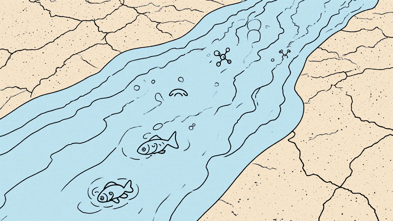 Contaminated river with abstract heavy metal particles and a floating fish in barren, cracked earth.