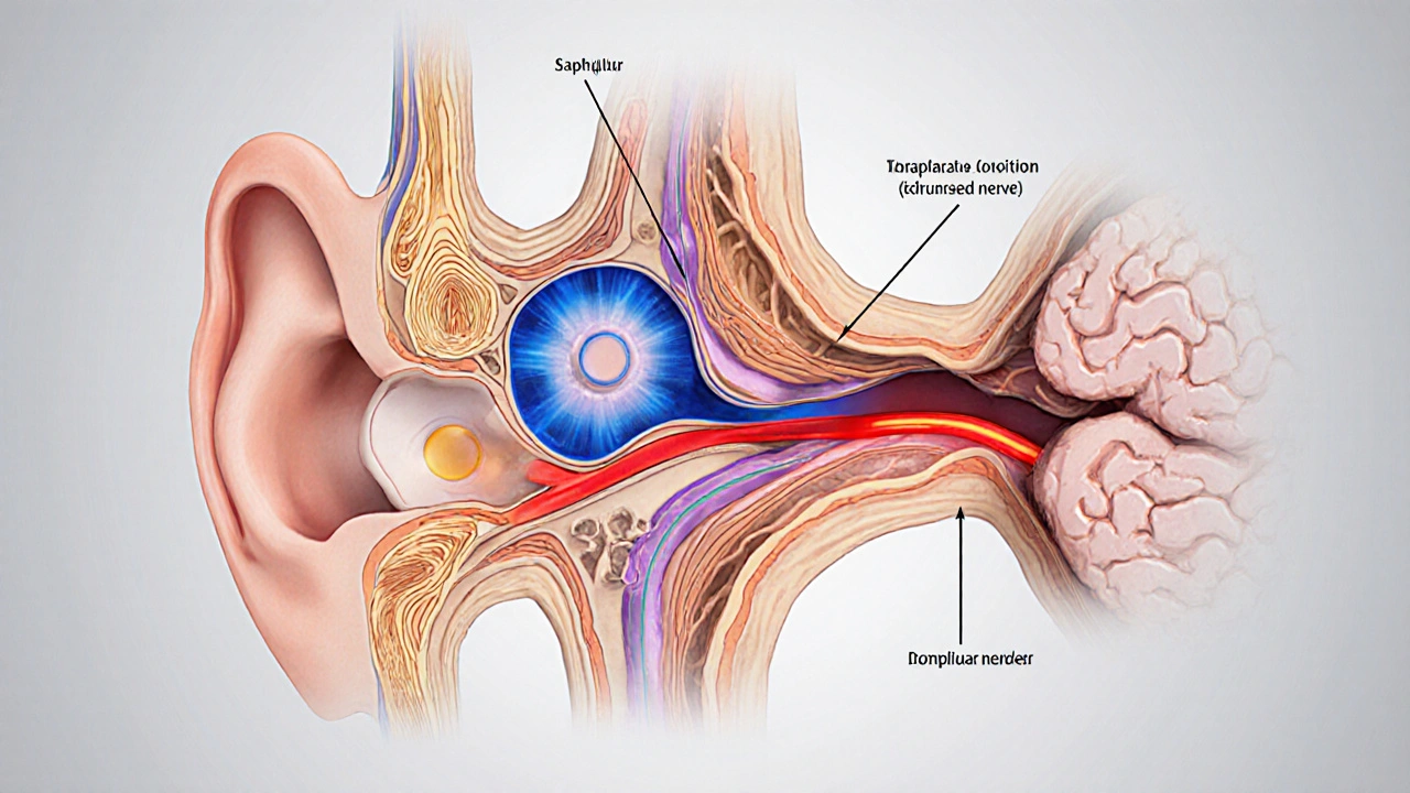 Cross‑section illustration of inner ear vestibular anatomy with highlighted canals and nerve.