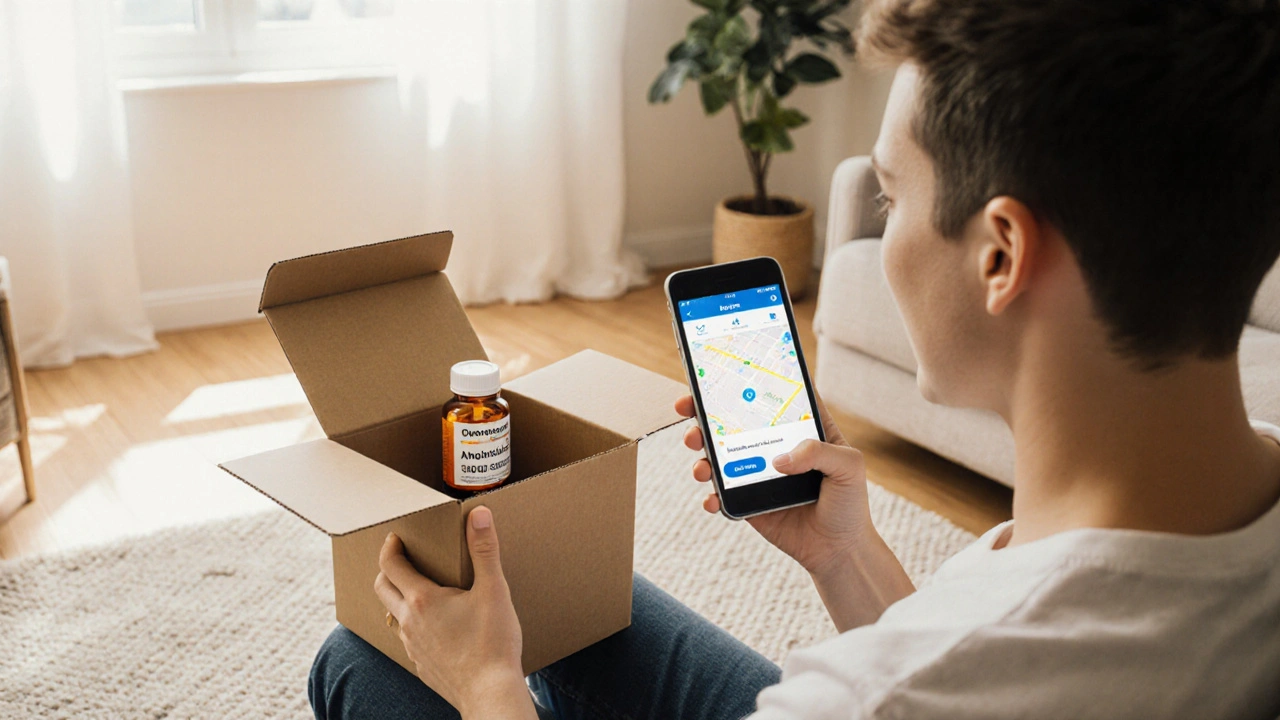 Customer opening a delivered amoxicillin package and reviewing the pills at home.