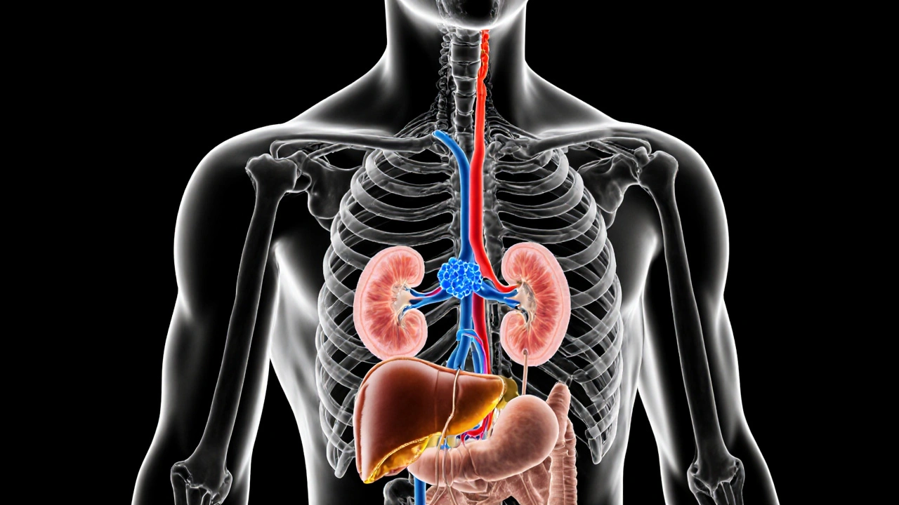 Cutaway view showing pituitary, kidneys, liver with red ADH pathway and blue sodium ions.