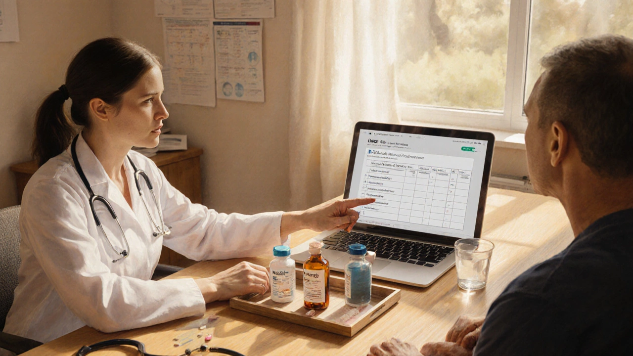Doctor and patient discussing medication options over lab results.