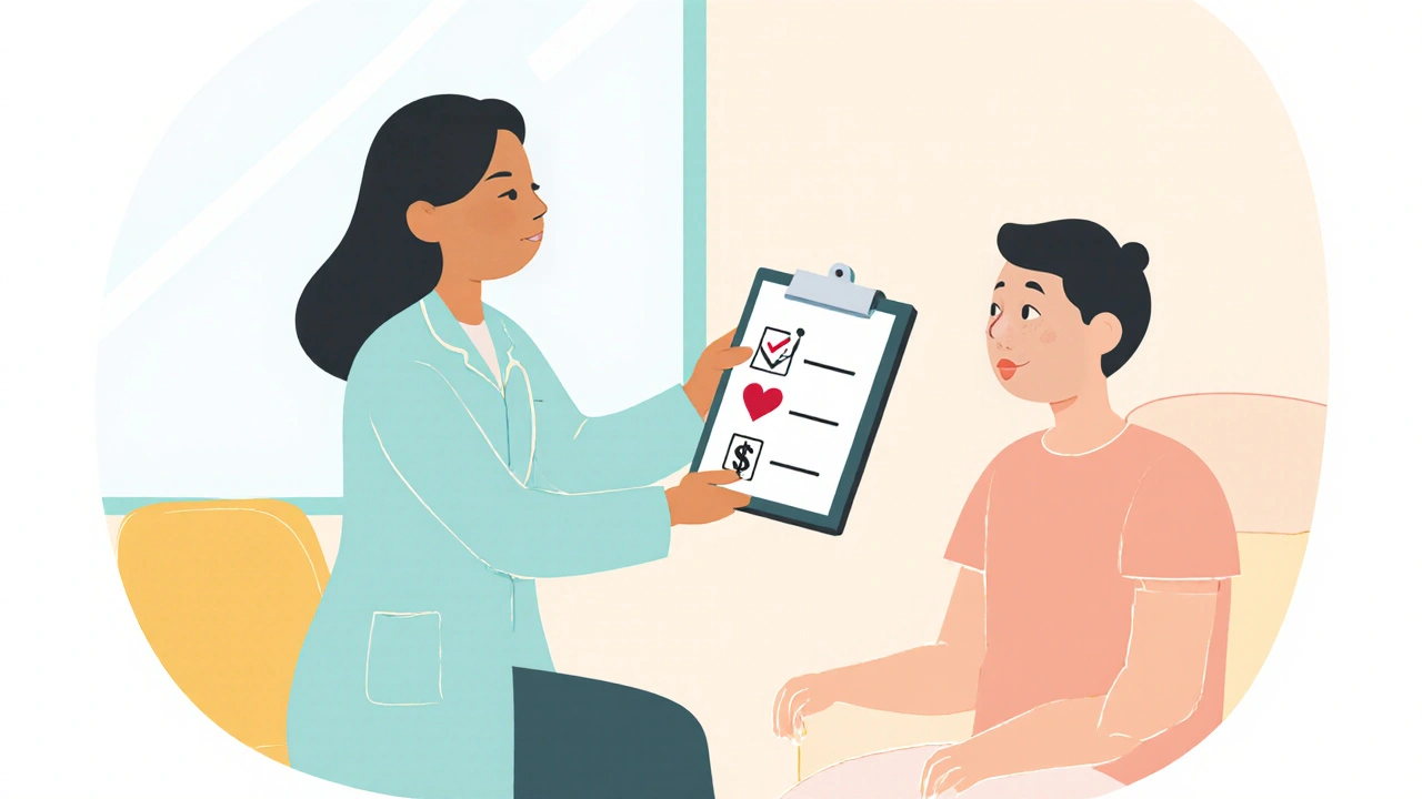 Doctor giving a patient a clipboard showing a simple checklist of treatment factors.