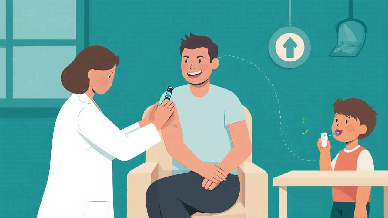 Doctor giving an allergy shot while a child uses a sublingual tablet.