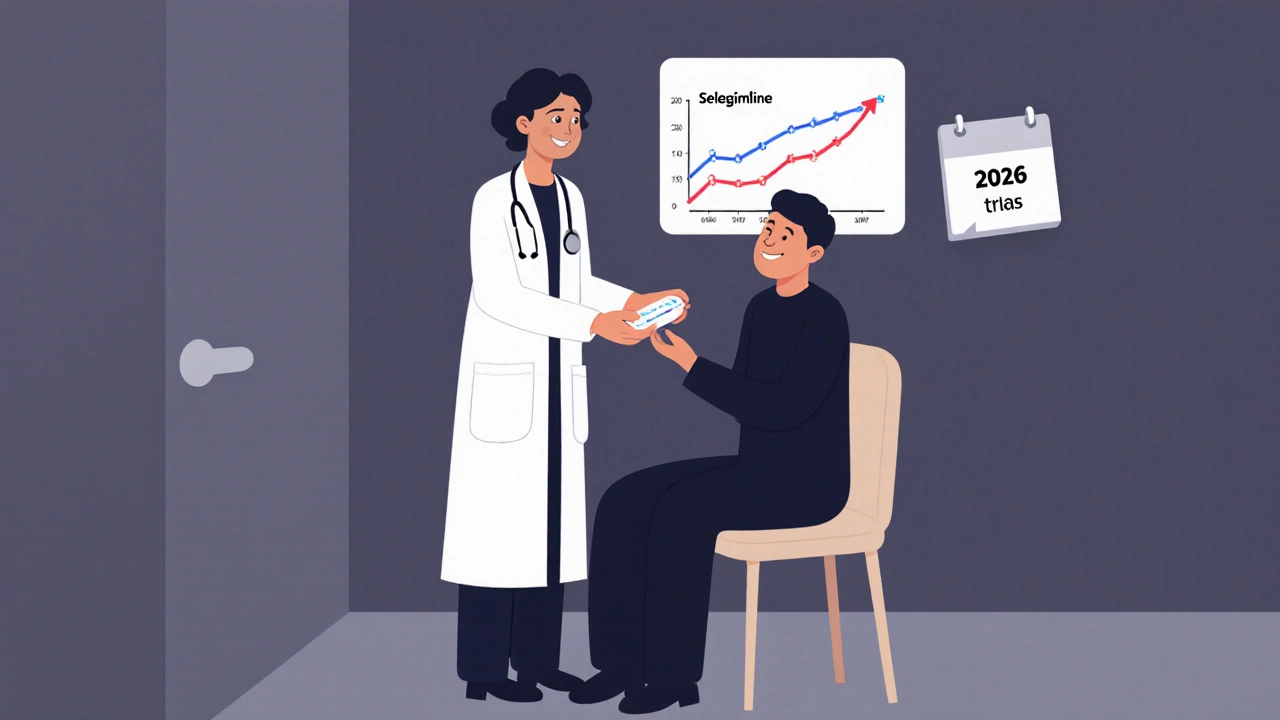 Doctor giving Selegiline tablet to patient with a chart showing improvement and a 2026 calendar.