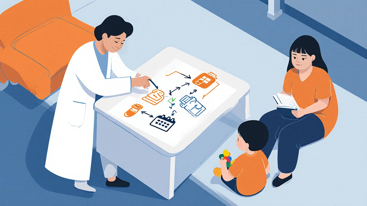 Doctor, parent, and child discussing treatment with a simple flowchart on a table.