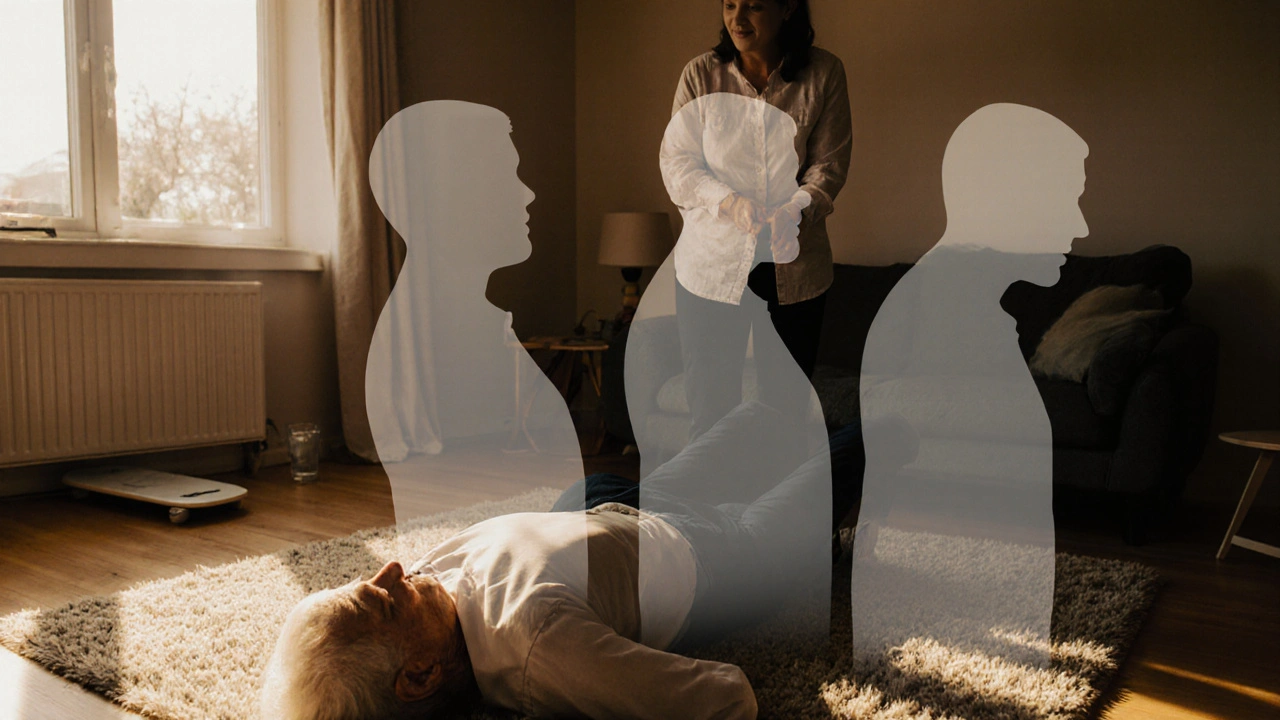 Elderly individual performs Epley maneuver at home with therapist assistance.