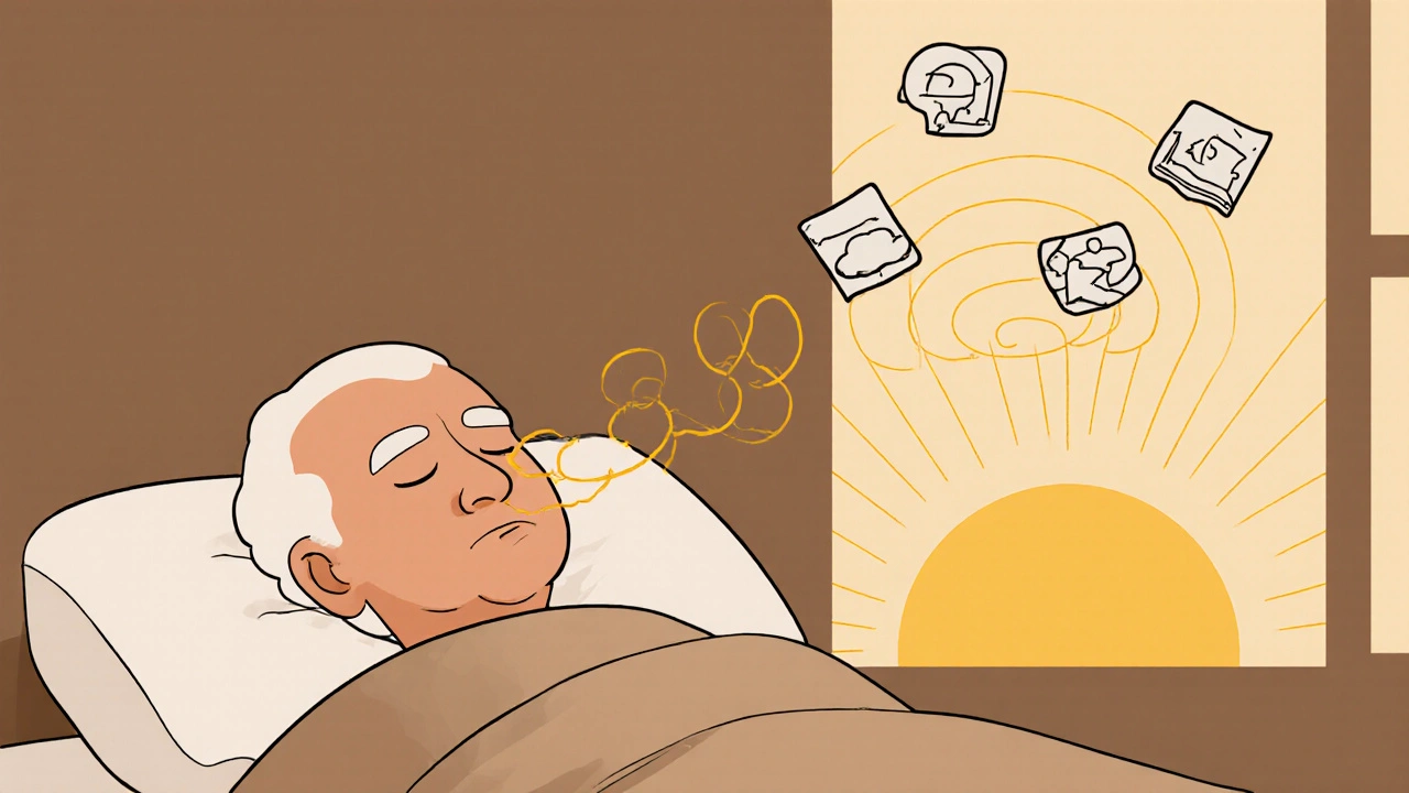 Elderly person at peace with golden thread to sunrise, symbolizing CBT-I sleep improvement