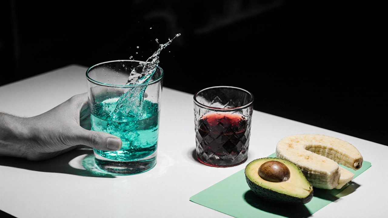 Evening scene with water glass, red liquor, and green banana and avocado in monochrome.