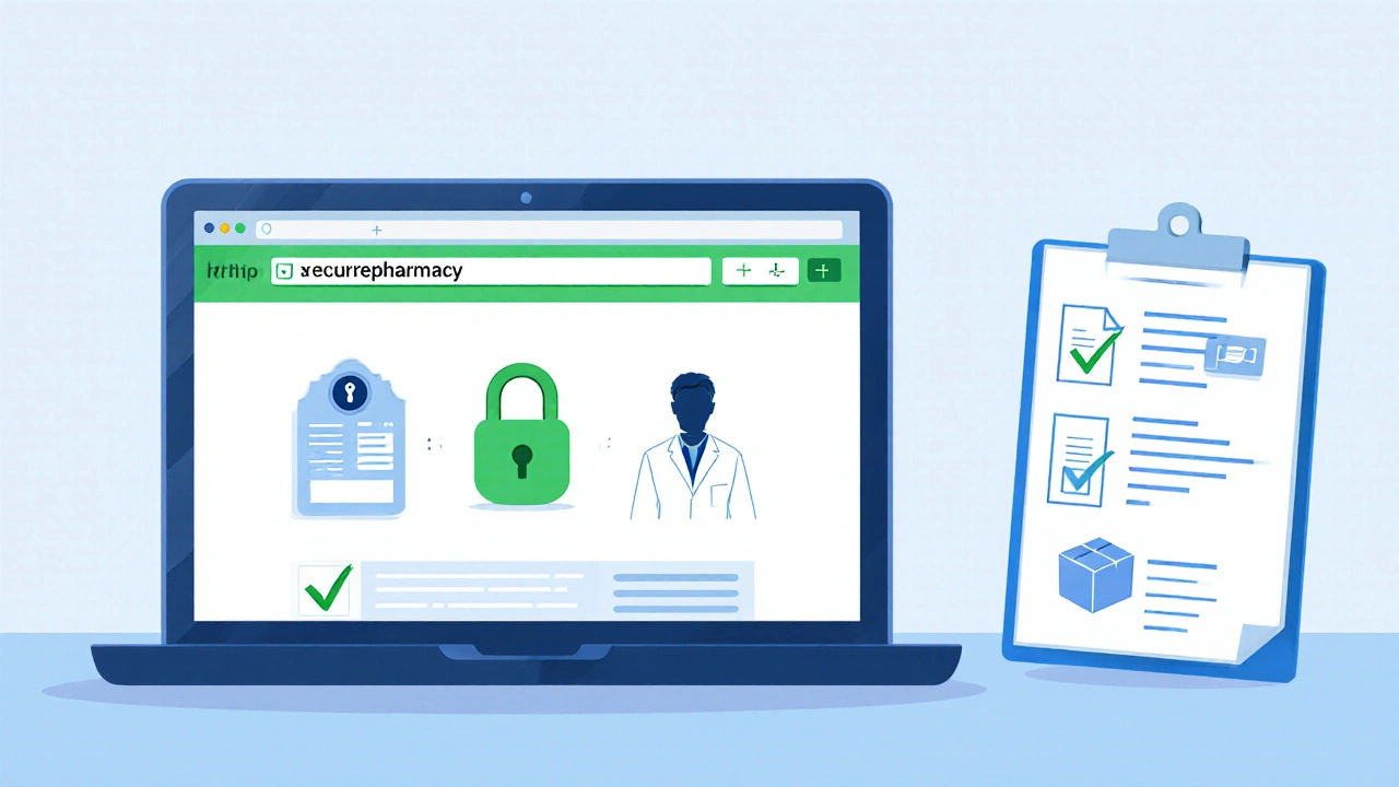 Flat‑design illustration of a laptop with a padlock icon and a checklist of safety icons for online pharmacies.