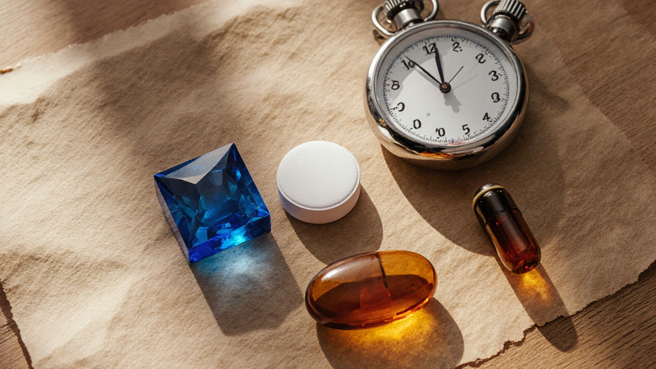Flat‑lay of blue Viagra tablet, white generic tablet, orange Cialis tablet, amber yohimbine capsule, and a stopwatch.