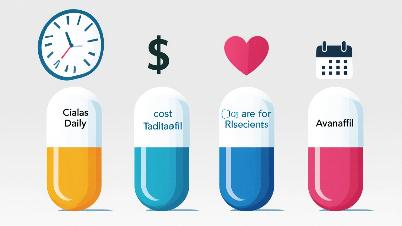 Four minimalist pill icons with simple symbols representing daily use, cost, spontaneity, and as-needed timing.