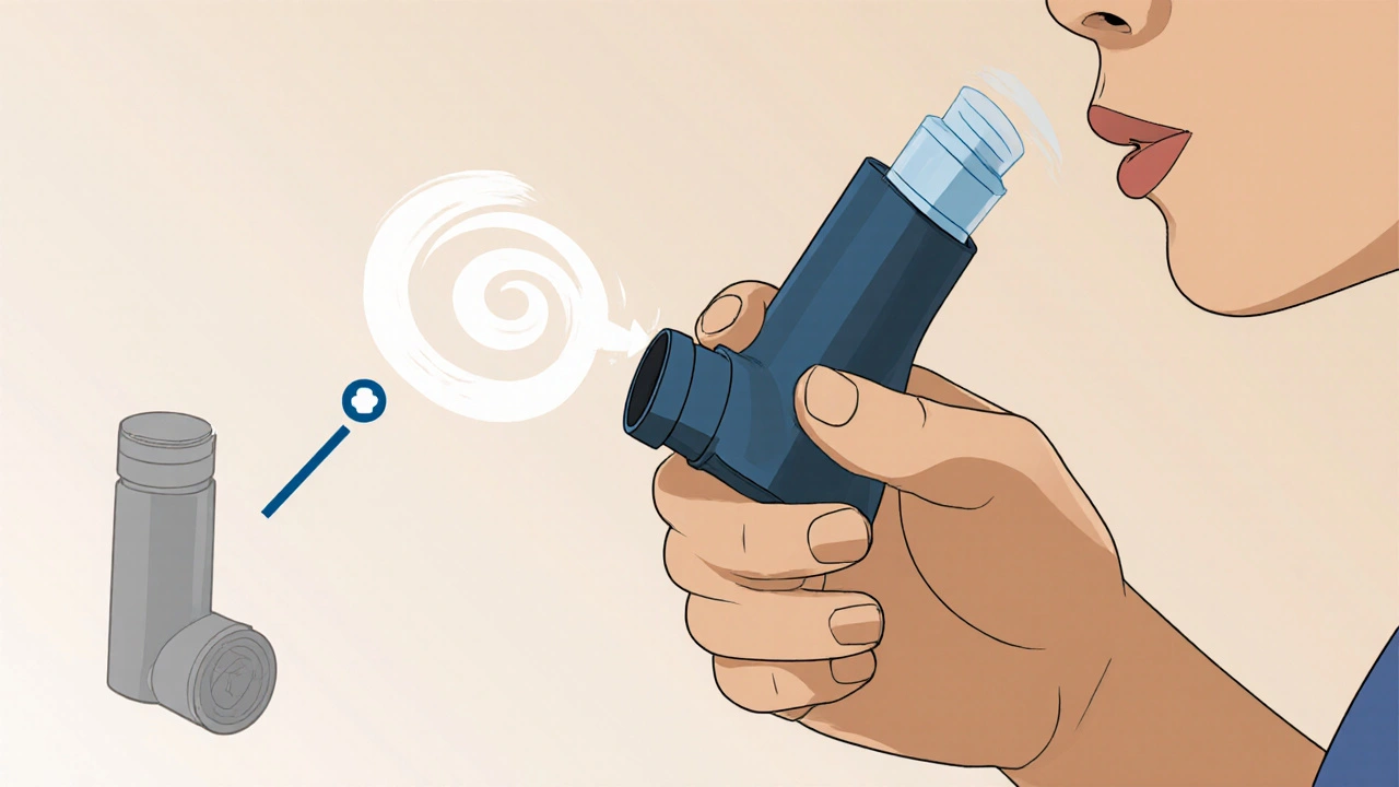 Hand holding Symbicort Turbuhaler inhaling, with airflow swirl and a faint Diskus mechanism overlay.