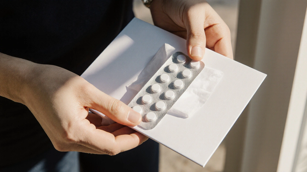 Hands opening a discreet package revealing a sealed pill blister pack.