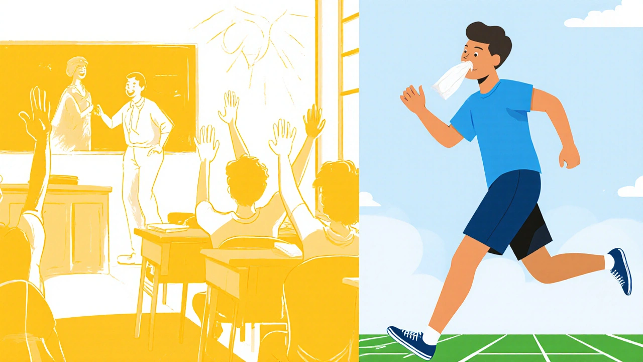Happy teacher in class and teen athlete enjoying allergy‑free life.