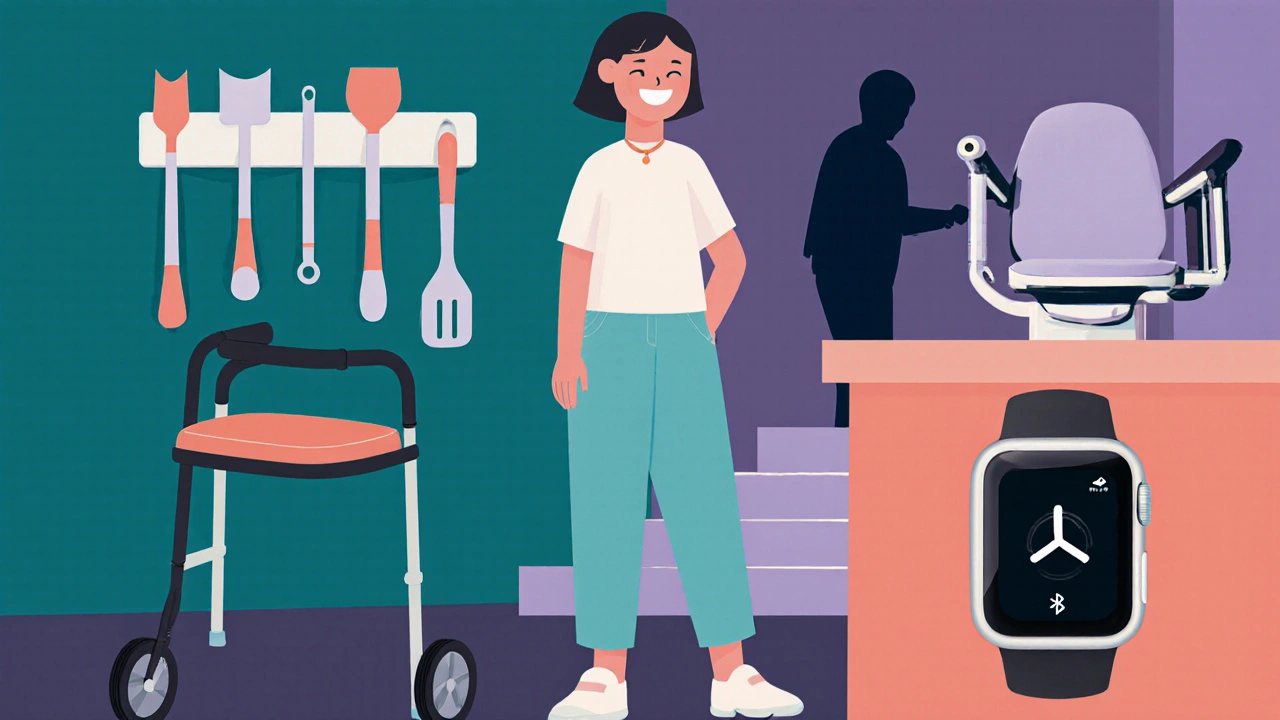 Happy user surrounded by a rollator, adaptive utensils, speech amp, and smartwatch.