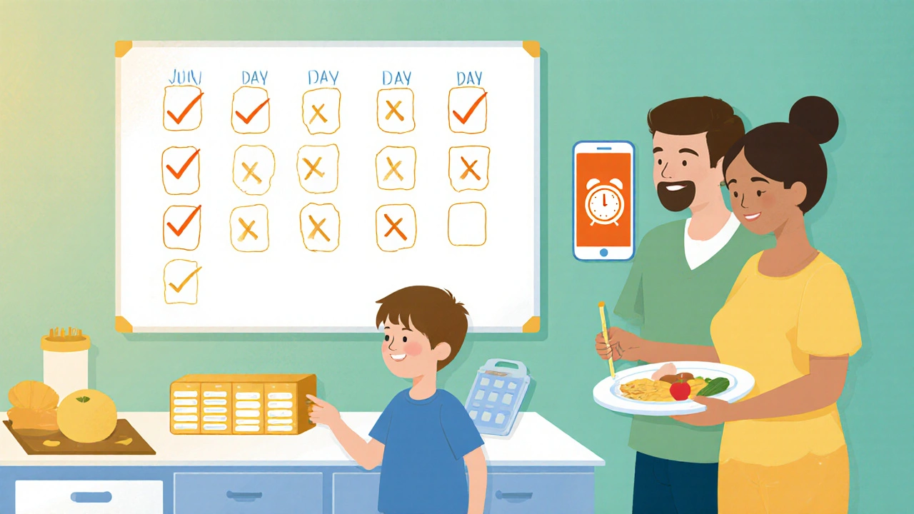 Kitchen whiteboard with medication checklist, parent and child checking doses together.