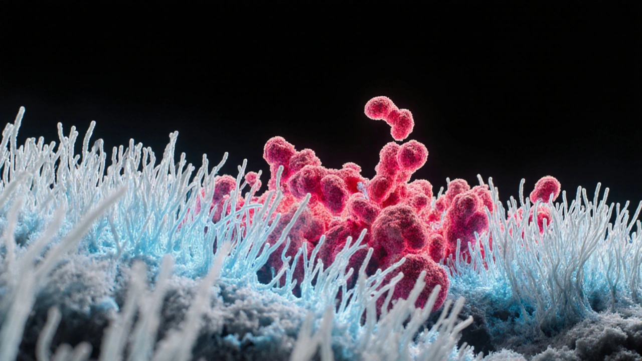 Microbiome illustration showing blue Lactobacillus and red Candida overgrowth in dark tones.