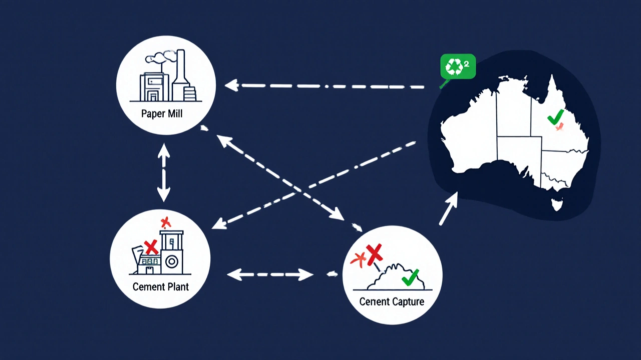 Minimalist circular economy diagram showing waste recycling into construction and carbon capture.