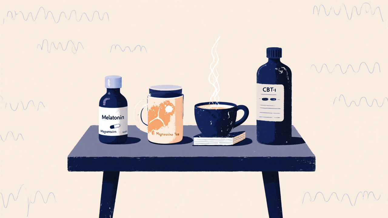 Minimalist comparison of natural sleep aids glowing beside faded doxylamine bottle