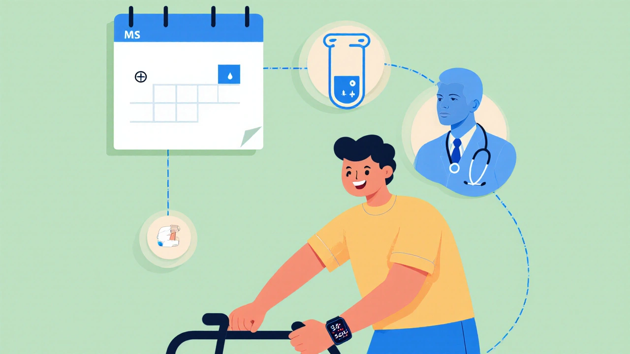 Monthly checklist showing calendar, lab test, rollator adjustment, and smartwatch reminder.