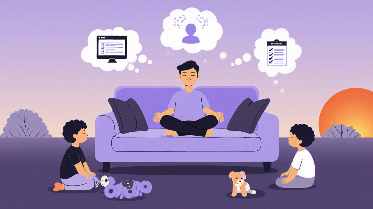 Parent meditating at home with thought bubbles of support, checklist, and children playing.