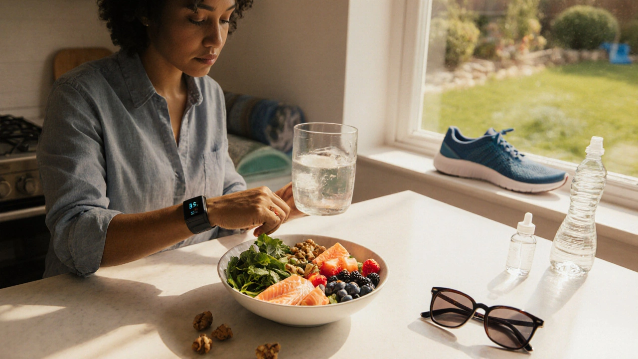 Person checking glucose monitor while surrounded by healthy foods and exercise gear.