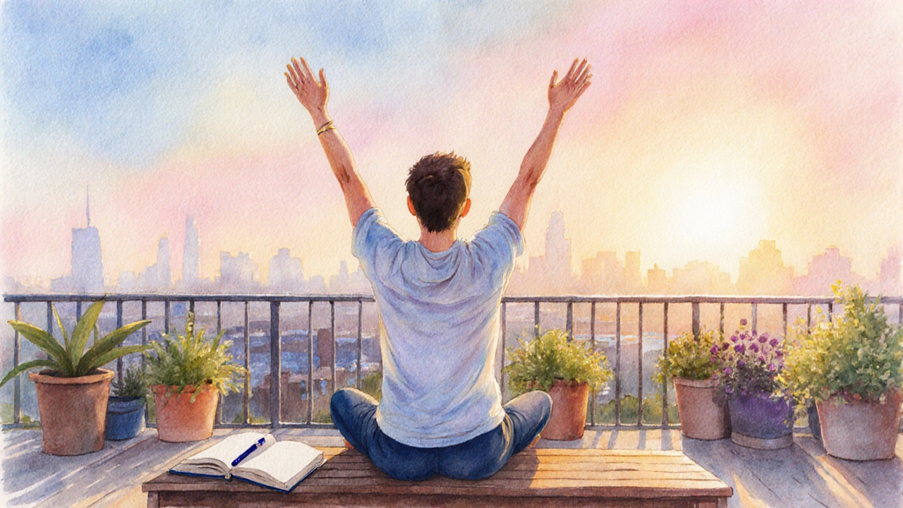 Person does Camel yoga on a sunrise balcony with journal, surrounded by plants.