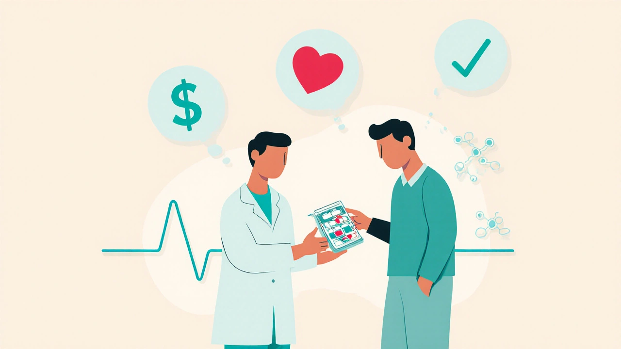Pharmacist giving a pill organizer with icons representing cost savings, heart health, and tolerance.