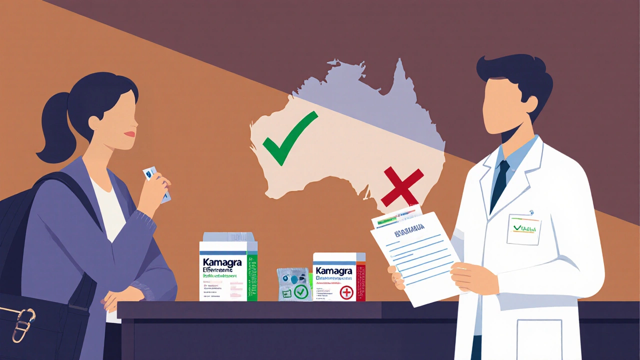 Pharmacy scene with pharmacist, patient, travel bag, Kamagra sachet, and Australian map showing approved vs unapproved meds.