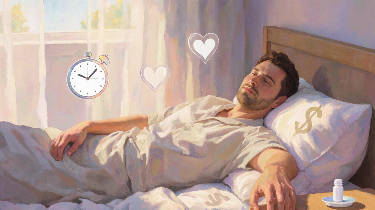 Relaxed man in soft sunlight holding a pill, surrounded by subtle clock, heart, and wallet symbols.