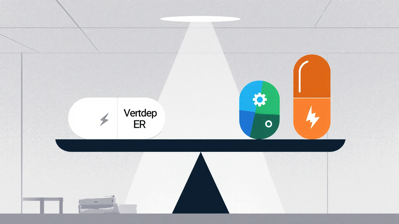 Scale comparing Ventodep ER pill to alternative medication icons for side effects.