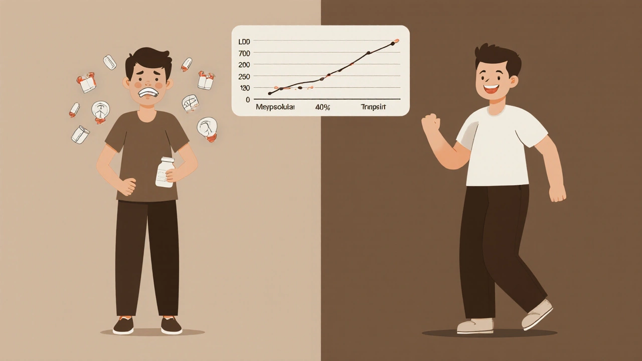 Side-by-side comparison of muscle pain from daily statins versus relief with alternate-day dosing.