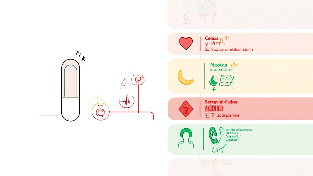 Side‑effect icons aligned next to pill silhouettes for Celexa and its alternatives.